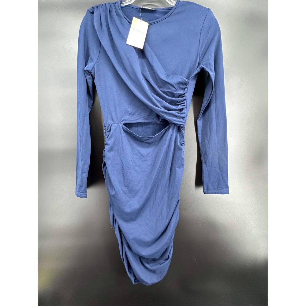 BTFBM‎ Blue Ruched Cutout Bodycon Dress Small Long Sleeve Stretchy Midi